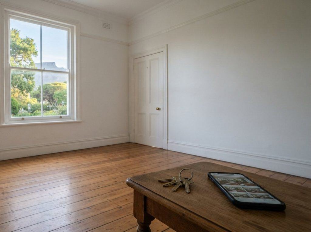 House keys and a phone showing a photo condition report on a table in an empty room of an older Cape Town home, with Table Mountain through the window