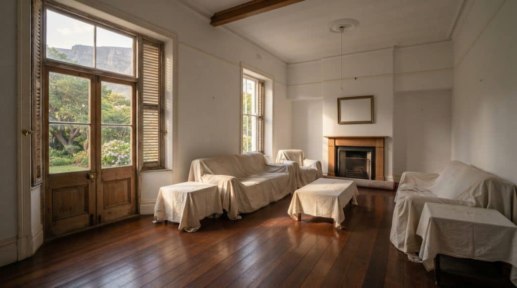 Sitting room of an older Cape Town home with the furniture under dust sheets and Table Mountain through the window
